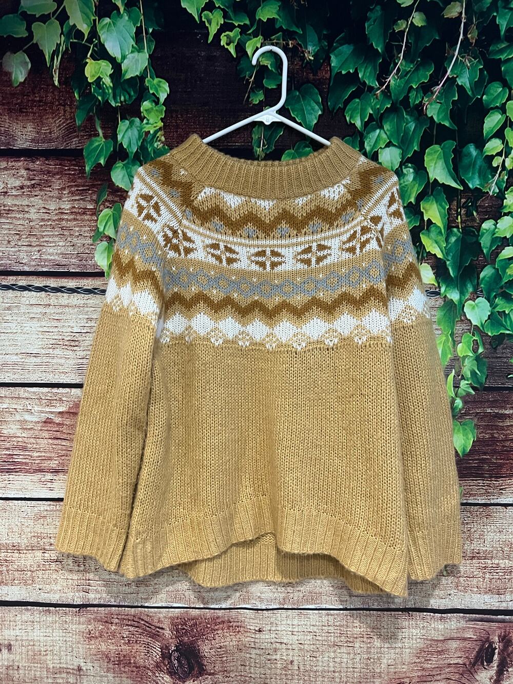 Easel Fair Isle Knit Crewneck Sweater Winter Ski Sweater Camel Women's Large